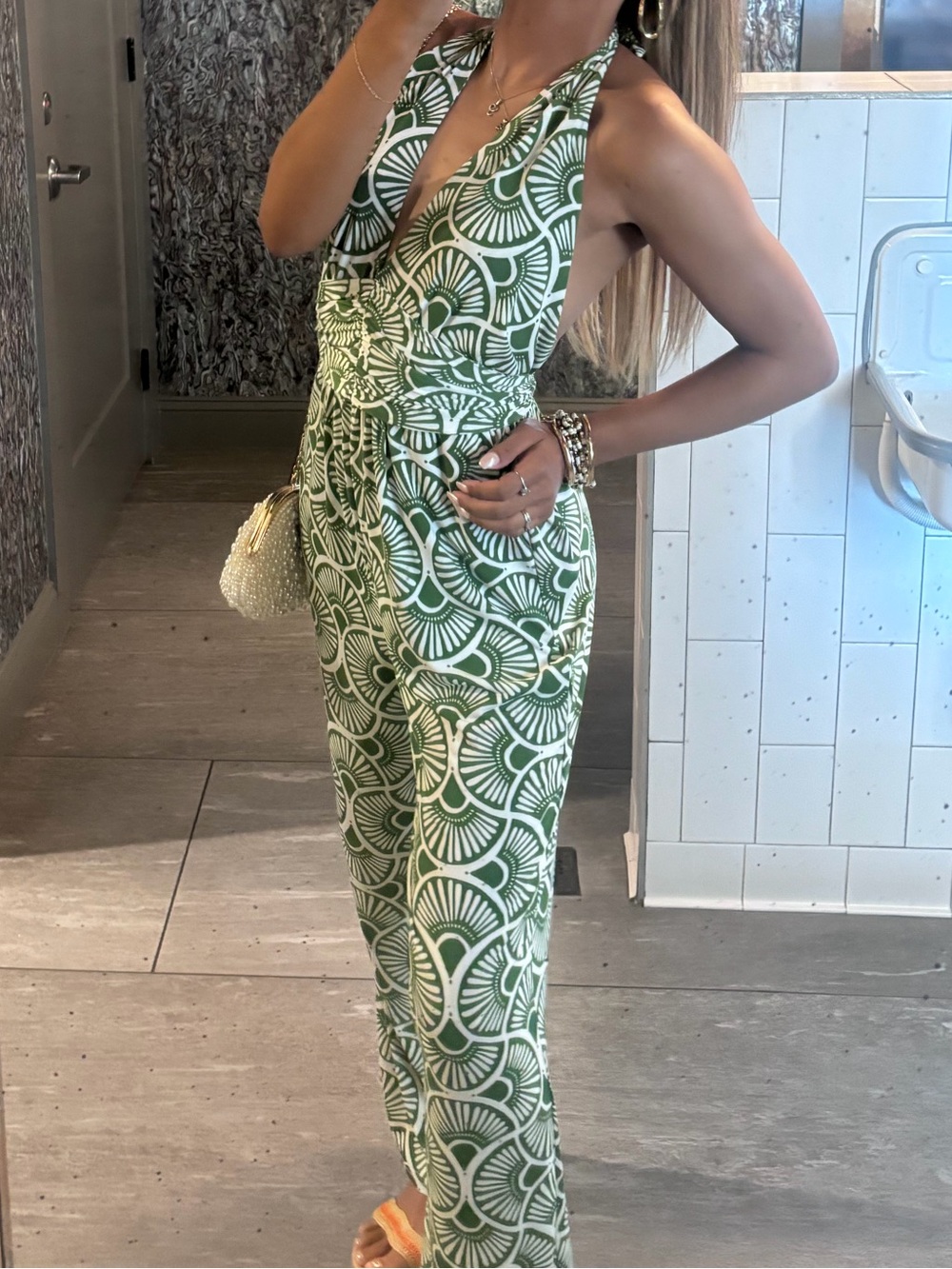 Green and White Printed One-Piece Romper